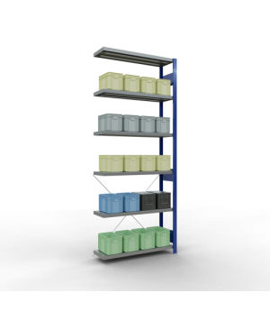 Schwerlastregal Anbauregal 2500x1000x300 mm (HxBxT), 6 Fachböden, 250 kg Fachlast, Kreuzstrebe, RAL 5010 enzianblau/verzinkt