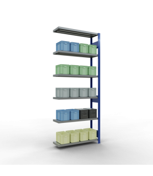 Schwerlastregal Anbauregal 2500x1000x300 mm (HxBxT), 6 Fachböden, 250 kg Fachlast, Längenriegel, RAL 5010 enzianblau/verzinkt