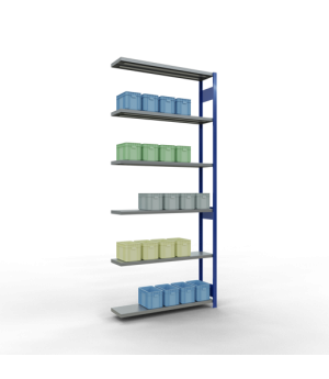 Schwerlastregal Anbauregal 3000x1300x300 mm (HxBxT), 7 Fachböden, 250 kg Fachlast, Längenriegel, RAL 5010 enzianblau/verzinkt