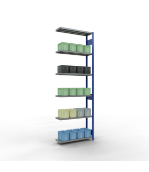 Schwerlastregal Anbauregal 3000x1000x300 mm (HxBxT), 7 Fachböden, 250 kg Fachlast, Längenriegel, RAL 5010 enzianblau/verzinkt