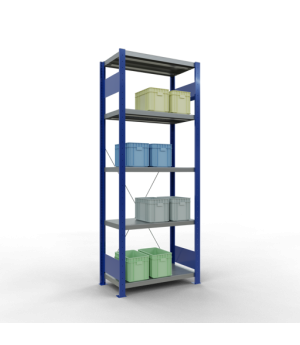 Schwerlastregal Grundregal 2000x750x400 mm (HxBxT), 5 Fachböden, 250 kg Fachlast, Kreuzstrebe, RAL 5010 enzianblau/verzinkt
