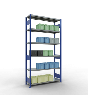Schwerlastregal Grundregal 2500x1300x400 mm (HxBxT), 6 Fachböden, 250 kg Fachlast, Längenriegel, RAL 5010 enzianblau/verzinkt