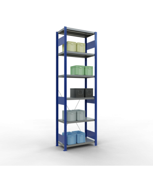 Schwerlastregal Grundregal 2500x750x400 mm (HxBxT), 6 Fachböden, 250 kg Fachlast, Kreuzstrebe, RAL 5010 enzianblau/verzinkt