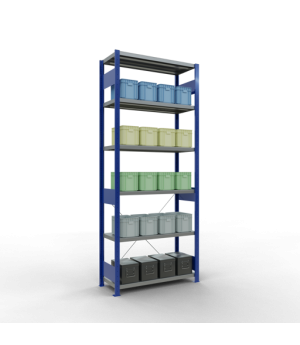 Schwerlastregal Grundregal 2500x1000x400 mm (HxBxT), 6 Fachböden, 250 kg Fachlast, Kreuzstrebe, RAL 5010 enzianblau/verzinkt
