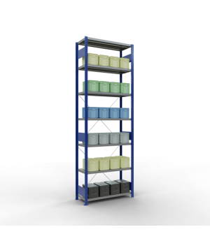 Schwerlastregal Grundregal 3000x1000x400 mm (HxBxT), 7 Fachböden, 250 kg Fachlast, Kreuzstrebe, RAL 5010 enzianblau/verzinkt