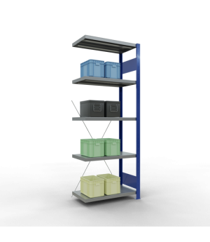 Schwerlastregal Anbauregal 2000x750x400 mm (HxBxT), 5 Fachböden, 250 kg Fachlast, Kreuzstrebe, RAL 5010 enzianblau/verzinkt