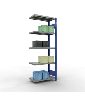 Schwerlastregal Anbauregal 2000x750x400 mm (HxBxT), 5 Fachböden, 250 kg Fachlast, Längenriegel, RAL 5010 enzianblau/verzinkt