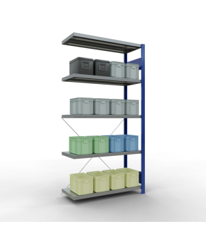 Schwerlastregal Anbauregal 2000x1000x400 mm (HxBxT), 5 Fachböden, 250 kg Fachlast, Kreuzstrebe, RAL 5010 enzianblau/verzinkt