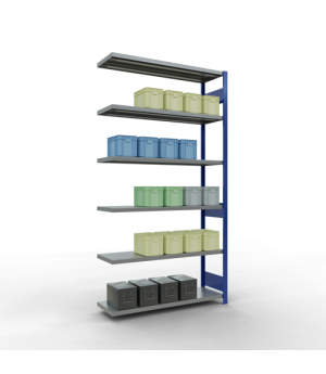 Schwerlastregal Anbauregal 2500x1300x400 mm (HxBxT), 6 Fachböden, 250 kg Fachlast, Längenriegel, RAL 5010 enzianblau/verzinkt