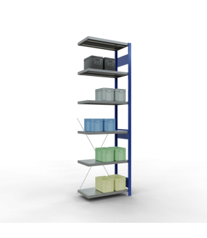 Schwerlastregal Anbauregal 2500x750x400 mm (HxBxT), 6 Fachböden, 250 kg Fachlast, Kreuzstrebe, RAL 5010 enzianblau/verzinkt
