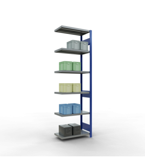 Schwerlastregal Anbauregal 2500x750x400 mm (HxBxT), 6 Fachböden, 250 kg Fachlast, Längenriegel, RAL 5010 enzianblau/verzinkt