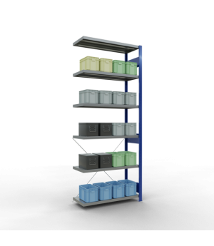 Schwerlastregal Anbauregal 2500x1000x400 mm (HxBxT), 6 Fachböden, 250 kg Fachlast, Kreuzstrebe, RAL 5010 enzianblau/verzinkt