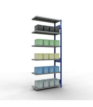 Schwerlastregal Anbauregal 2500x1000x400 mm (HxBxT), 6 Fachböden, 250 kg Fachlast, Längenriegel, RAL 5010 enzianblau/verzinkt