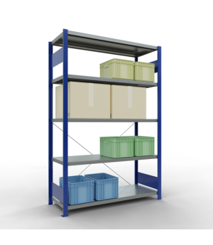 Schwerlastregal Grundregal 2000x1300x500 mm (HxBxT), 5 Fachböden, 250 kg Fachlast, Kreuzstrebe, RAL 5010 enzianblau/verzinkt