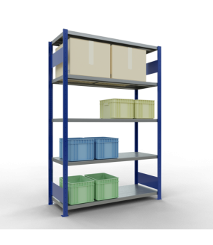 Schwerlastregal Grundregal 2000x1300x500 mm (HxBxT), 5 Fachböden, 250 kg Fachlast, Längenriegel, RAL 5010 enzianblau/verzinkt