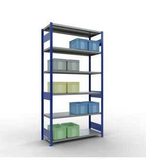 Schwerlastregal Grundregal 2500x1300x500 mm (HxBxT), 6 Fachböden, 250 kg Fachlast, Längenriegel, RAL 5010 enzianblau/verzinkt