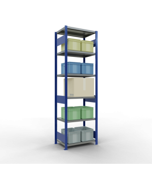 Schwerlastregal Grundregal 2500x750x500 mm (HxBxT), 6 Fachböden, 250 kg Fachlast, Längenriegel, RAL 5010 enzianblau/verzinkt