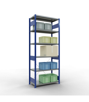 Schwerlastregal Grundregal 2500x1000x500 mm (HxBxT), 6 Fachböden, 250 kg Fachlast, Kreuzstrebe, RAL 5010 enzianblau/verzinkt