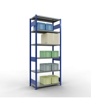 Schwerlastregal Grundregal 2500x1000x500 mm (HxBxT), 6 Fachböden, 250 kg Fachlast, Längenriegel, RAL 5010 enzianblau/verzinkt