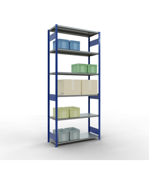 Schwerlastregal Grundregal 3000x1300x500 mm (HxBxT), 7 Fachböden, 250 kg Fachlast, Längenriegel, RAL 5010 enzianblau/verzinkt