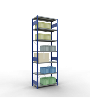 Schwerlastregal Grundregal 3000x1000x500 mm (HxBxT), 7 Fachböden, 250 kg Fachlast, Kreuzstrebe, RAL 5010 enzianblau/verzinkt