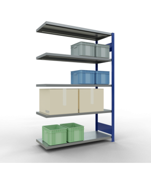 Schwerlastregal Anbauregal 2000x1300x500 mm (HxBxT), 5 Fachböden, 250 kg Fachlast, Längenriegel, RAL 5010 enzianblau/verzinkt