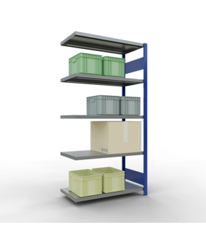 Schwerlastregal Anbauregal 2000x1000x500 mm (HxBxT), 5 Fachböden, 250 kg Fachlast, Längenriegel, RAL 5010 enzianblau/verzinkt