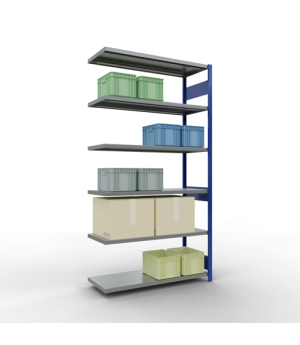 Schwerlastregal Anbauregal 2500x1300x500 mm (HxBxT), 6 Fachböden, 250 kg Fachlast, Längenriegel, RAL 5010 enzianblau/verzinkt