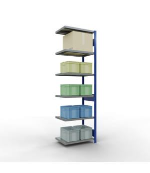 Schwerlastregal Anbauregal 2500x750x500 mm (HxBxT), 6 Fachböden, 250 kg Fachlast, Längenriegel, RAL 5010 enzianblau/verzinkt