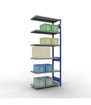 Schwerlastregal Anbauregal 2500x1000x500 mm (HxBxT), 6 Fachböden, 250 kg Fachlast, Kreuzstrebe, RAL 5010 enzianblau/verzinkt