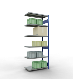 Schwerlastregal Anbauregal 2500x1000x500 mm (HxBxT), 6 Fachböden, 250 kg Fachlast, Längenriegel, RAL 5010 enzianblau/verzinkt