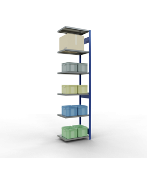 Schwerlastregal Anbauregal 3000x750x500 mm (HxBxT), 7 Fachböden, 250 kg Fachlast, Längenriegel, RAL 5010 enzianblau/verzinkt