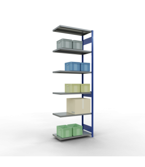 Schwerlastregal Anbauregal 3000x1000x500 mm (HxBxT), 7 Fachböden, 250 kg Fachlast, Längenriegel, RAL 5010 enzianblau/verzinkt
