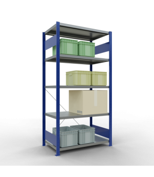 Schwerlastregal Grundregal 2000x1000x600 mm (HxBxT), 5 Fachböden, 250 kg Fachlast, Kreuzstrebe, RAL 5010 enzianblau/verzinkt