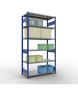 Schwerlastregal Grundregal 2500x1300x600 mm (HxBxT), 6 Fachböden, 250 kg Fachlast, Kreuzstrebe, RAL 5010 enzianblau/verzinkt