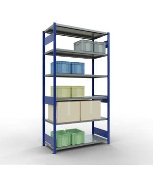 Schwerlastregal Grundregal 2500x1300x600 mm (HxBxT), 6 Fachböden, 250 kg Fachlast, Längenriegel, RAL 5010 enzianblau/verzinkt