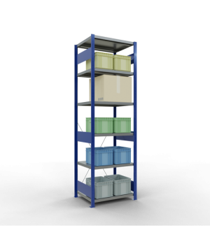 Schwerlastregal Grundregal 2500x750x600 mm (HxBxT), 6 Fachböden, 250 kg Fachlast, Kreuzstrebe, RAL 5010 enzianblau/verzinkt