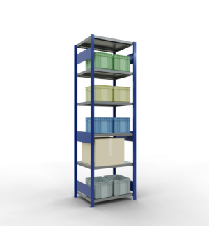 Schwerlastregal Grundregal 2500x750x600 mm (HxBxT), 6 Fachböden, 250 kg Fachlast, Längenriegel, RAL 5010 enzianblau/verzinkt
