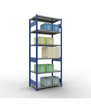 Schwerlastregal Grundregal 2500x1000x600 mm (HxBxT), 6 Fachböden, 250 kg Fachlast, Längenriegel, RAL 5010 enzianblau/verzinkt