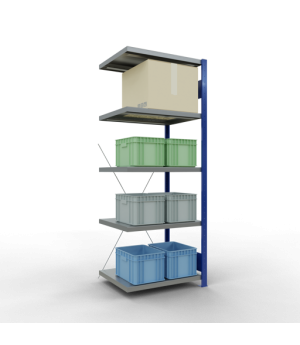 Schwerlastregal Anbauregal 2000x750x600 mm (HxBxT), 5 Fachböden, 250 kg Fachlast, Kreuzstrebe, RAL 5010 enzianblau/verzinkt