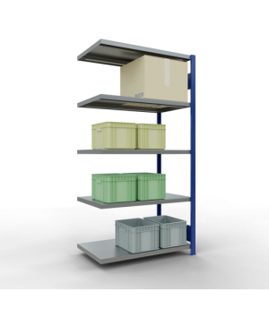 Schwerlastregal Anbauregal 2000x1000x600 mm (HxBxT), 5 Fachböden, 250 kg Fachlast, Längenriegel, RAL 5010 enzianblau/verzinkt