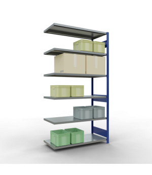 Schwerlastregal Anbauregal 2500x1300x600 mm (HxBxT), 6 Fachböden, 250 kg Fachlast, Längenriegel, RAL 5010 enzianblau/verzinkt