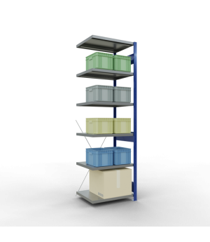 Schwerlastregal Anbauregal 2500x750x600 mm (HxBxT), 6 Fachböden, 250 kg Fachlast, Kreuzstrebe, RAL 5010 enzianblau/verzinkt