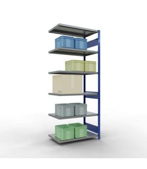 Schwerlastregal Anbauregal 2500x1000x600 mm (HxBxT), 6 Fachböden, 250 kg Fachlast, Längenriegel, RAL 5010 enzianblau/verzinkt