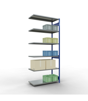 Schwerlastregal Anbauregal 3000x1300x600 mm (HxBxT), 7 Fachböden, 250 kg Fachlast, Längenriegel, RAL 5010 enzianblau/verzinkt