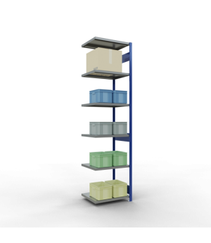 Schwerlastregal Anbauregal 3000x750x600 mm (HxBxT), 7 Fachböden, 250 kg Fachlast, Längenriegel, RAL 5010 enzianblau/verzinkt