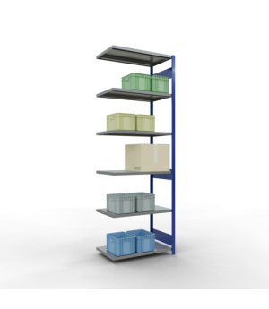 Schwerlastregal Anbauregal 3000x1000x600 mm (HxBxT), 7 Fachböden, 250 kg Fachlast, Längenriegel, RAL 5010 enzianblau/verzinkt