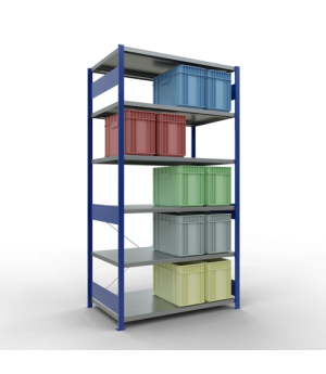 Schwerlastregal Grundregal 2500x1300x800 mm (HxBxT), 6 Fachböden, 250 kg Fachlast, Kreuzstrebe, RAL 5010 enzianblau/verzinkt
