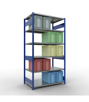 Schwerlastregal Grundregal 2500x1300x800 mm (HxBxT), 6 Fachböden, 250 kg Fachlast, Längenriegel, RAL 5010 enzianblau/verzinkt