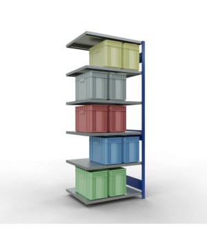 Schwerlastregal Anbauregal 2500x1000x800 mm (HxBxT), 6 Fachböden, 250 kg Fachlast, Längenriegel, RAL 5010 enzianblau/verzinkt